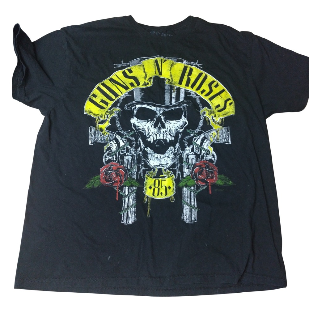 Guns N Roses Skull Roses Revolvers Black Graphic T-Shirt Mens XL Rock Band Tee
